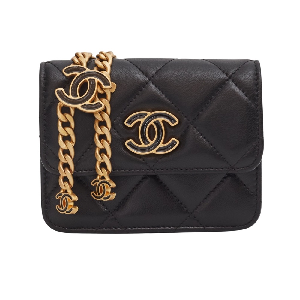 CHANEL LAMBSKIN BLACK ENAMEL CC WALLET ON A CHAIN CLUTCH BELT BAG (2020)
